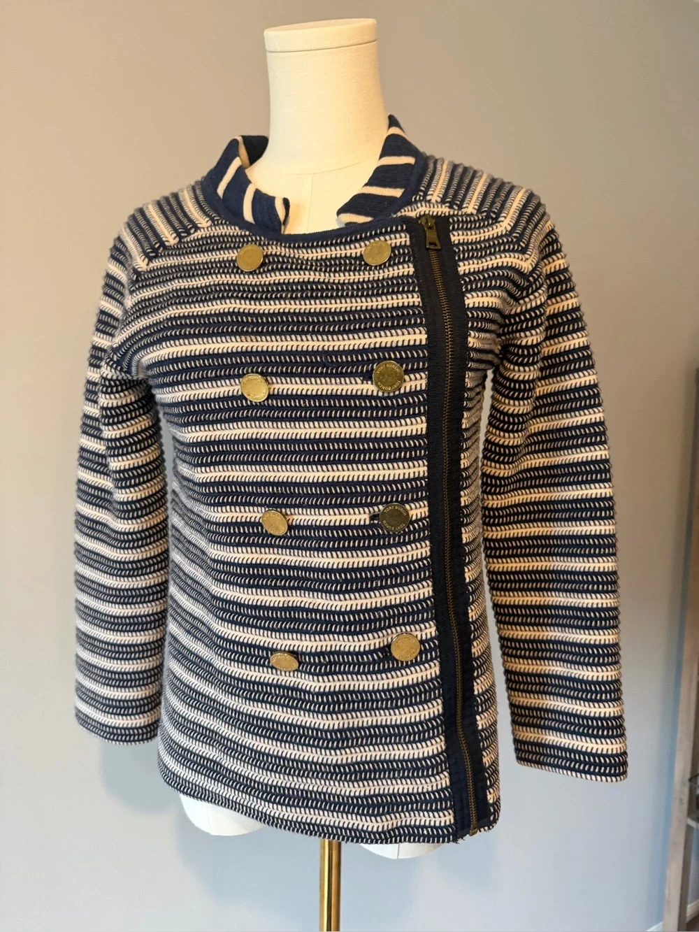 Tory Burch Navy and Cream Merino Wool Striped Knit Double-Breasted Jacket